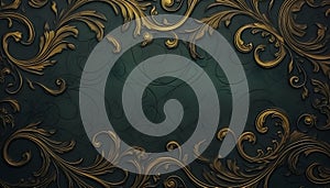 Green and gold border background with intricate swirls and scrolls. AI Generated