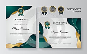 Green and gold certificate of achievement templates with elements of luxury gold badges, green shapes, and modern line patterns.