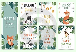 Green,gold collection of safari background set with lion,monkey,giraffe,zebra,geometric vector illustration for birthday