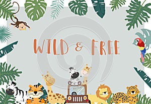 Green,gold collection of safari background set with lion,monkey,giraffe,zebra.vector illustration for birthday invitation,postcard