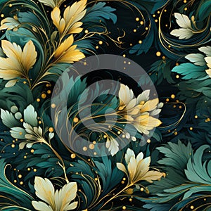 Green and gold dreamy tempera decoupage seamless pattern, created with generative AI