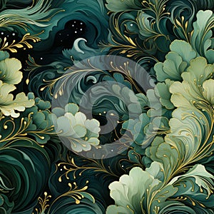 Green and gold dreamy tempera decoupage seamless pattern, created with generative AI