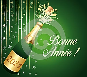 Green and gold french greeting card 2021 Happy New Year with uncorked bottle of Champaign. Vector illustration.