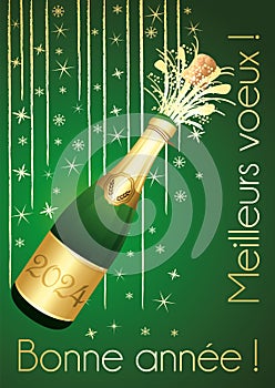 Green and gold Happy New Year 2024 Greeting card. French language. A4. Festive background. Vector.