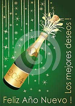 Green and gold Happy New Year 2024 Greeting card. Spanish language. A4. Vector illustration.