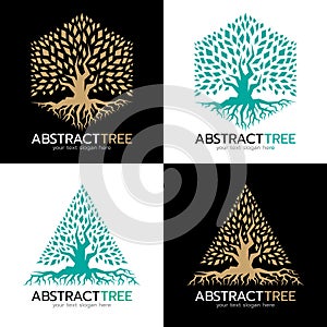 Green and gold Hexagonal and triangle abstract tree logo vector art design