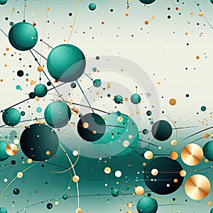 Green and gold illustration of science spheres and clumps on a dark turquoise background (tiled)