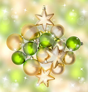 Green and golden christmas bubles. Festive ornaments