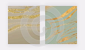 Green with golden glitter liquid marble wall art prints. Abstract vector backgrounds