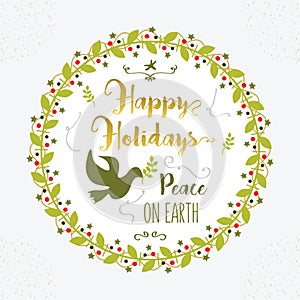 Green and golden Happy Holidays and Peace on Earth floral circle emblem