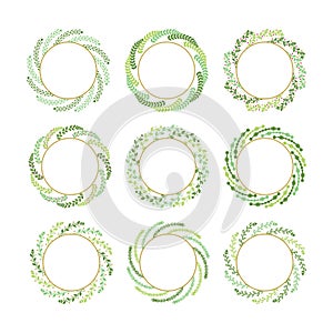 Green and golden twisted leaves Christmas wreaths set design elements on white background