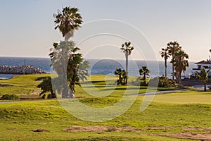 Green golf with flag and hole facing Atlantico ocean in Santa Cr