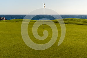 Green golf with flag and hole facing Atlantico ocean in Santa Cr photo