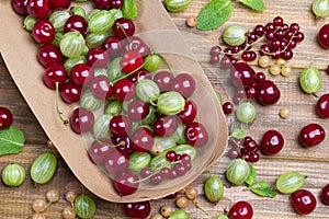 Green gooseberries and cherries in paper plate. Berries and mint leaves on table