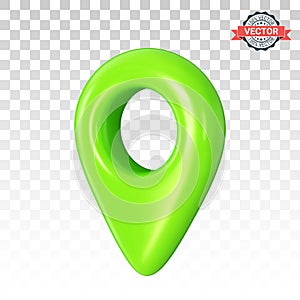 Green GPS location icon or map pointer in three-quarter front view