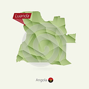 Green gradient low poly map of Angola with capital Luanda