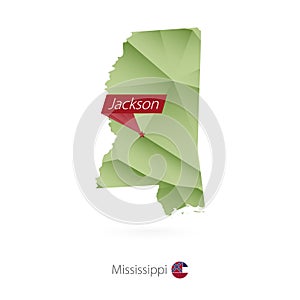 Green gradient low poly map of Mississippi with capital Jackson