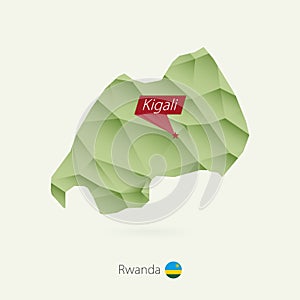 Green gradient low poly map of Rwanda with capital Kigali