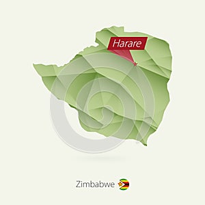 Green gradient low poly map of Zimbabwe with capital Harare