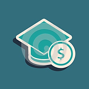 Green Graduation cap and coin icon isolated on green background. Education and money. Concept of scholarship cost or