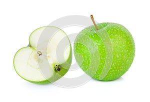 Green granny smith apple with a Drop of water on white