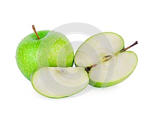 Green granny smith apple with a Drop of water on white backgroun