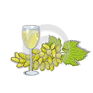 Green grape with a glass af white wine isolated on white background