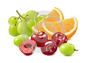 Green grape, sliced orange and sweet red cherry isolated on white background