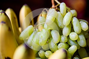 Green grapes and bananas close