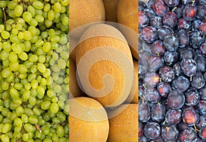 Green grapes, ripe yellow melon, blue plum.