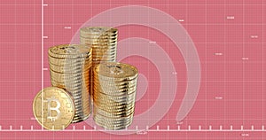 Green graph moving over stack of bitcoins against pink background.