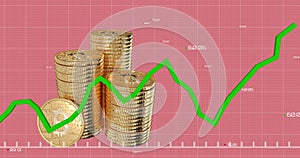 Green graph moving over stack of bitcoins against pink background.