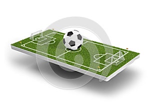 Green grass 3d soccer field and football ball background. Football stadium game 3d object area. Perspective view of