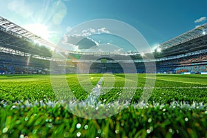 Green grass adorns soccer stadium arena, creating picturesque backdrop