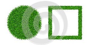 Green grass background 3D set. Lawn greenery nature ball. Abstract soccer field texture circle, square frame. Ground