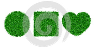 Green grass background 3D set. Lawn greenery nature circle ball, heart. Abstract soccer field texture square. Ground