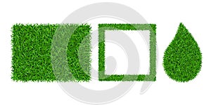 Green grass background 3D set. Lawn greenery nature drop, frame isolated on white. Field texture square rectangle