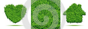 Green grass background. Lawn field. Heart and House icons. Grass texture. Vector illustration.