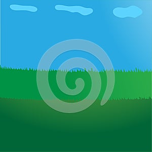 Green grass background. Vector illustration. Blue sky with clouds. Green meadows