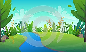 Green grass barbeque grill at park or forest trees and bushes flowers scenery background , nature lawn ecology peace vector illust