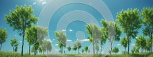 Green grass on blue clear sky, spring nature theme. Panorama