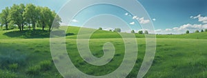 Green grass on blue clear sky, spring nature theme. Panorama