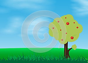 Green grass in blue sky with apple tree cartoon illustra
