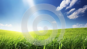 Green grass and blue sky with clouds