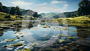 Green grass, blue sky, reflection in tranquil pond generated by AI