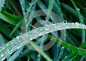 Green grass with a blue tint is covered with raindrops. Grass in dew. Drops of water on the green leaves of the lawn