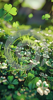 Lush Green Grass with Fresh Clover Leaves