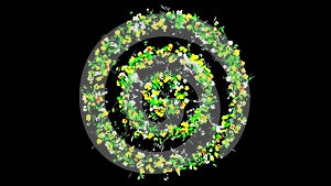 Green grass and colorful flowers circles on plain black background