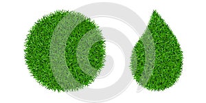 Green grass 3D set. Green round ball, drop isolated white background. Eco globe sphere, nature circle planet. Clean