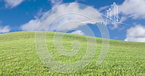 Green Grass Field, Blue Sky with Clouds With Ghosted Transition of House Drawing